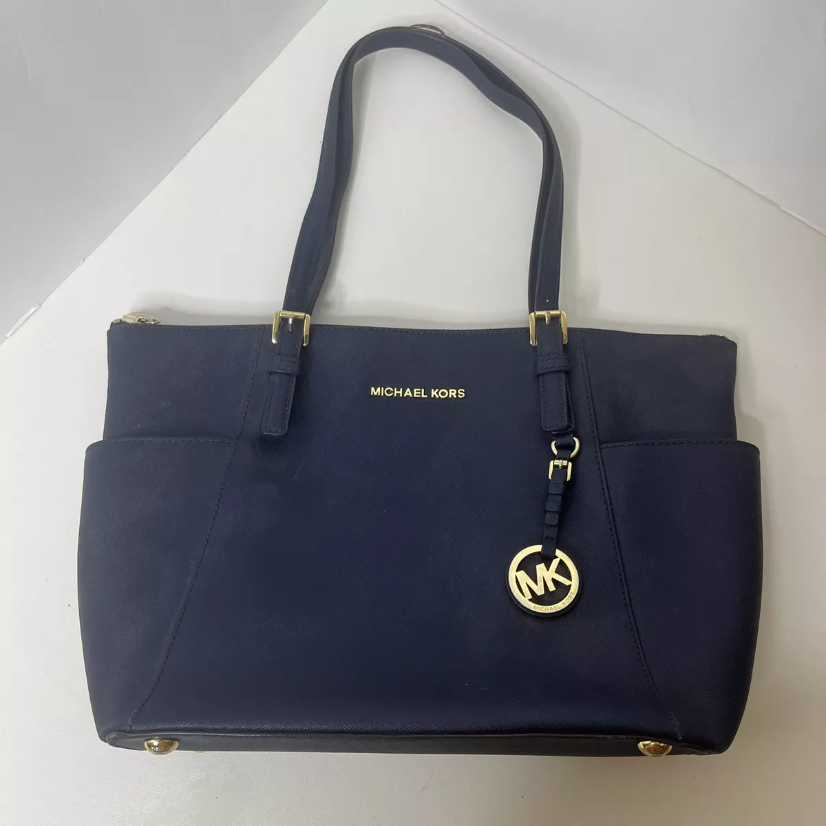 MICHAEL KORS WHITE AND NAVY BLUE STRIPE SAFFIANO LEATHER SHOULDER BAG  PRE-OWNED