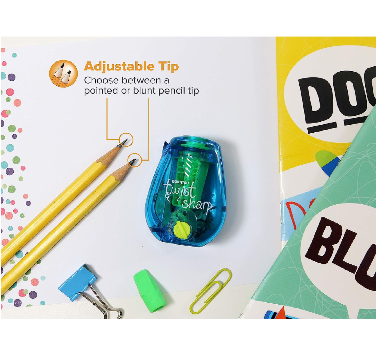Bostitch Twist-n-Sharp Pencil Sharpener for Kids & Colored Pencils Assorted