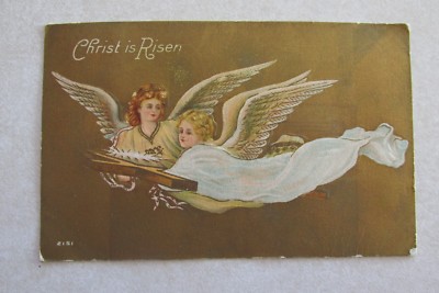 postcard vtg Easter Christ is Risen Religious Cherub angel Embossed ...