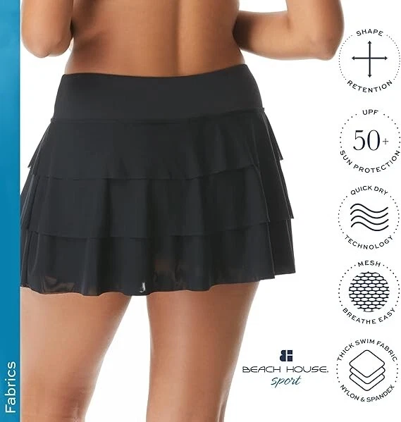 Athletic Swim Skort Ruffled Bikini Bottom Swimsuit Skirt Cadence, Black, Size 16 - Image 4 of 4