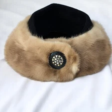 Vintage Mink Fur Collar Rhinestone Button Accent Elegant Women's Black Lining