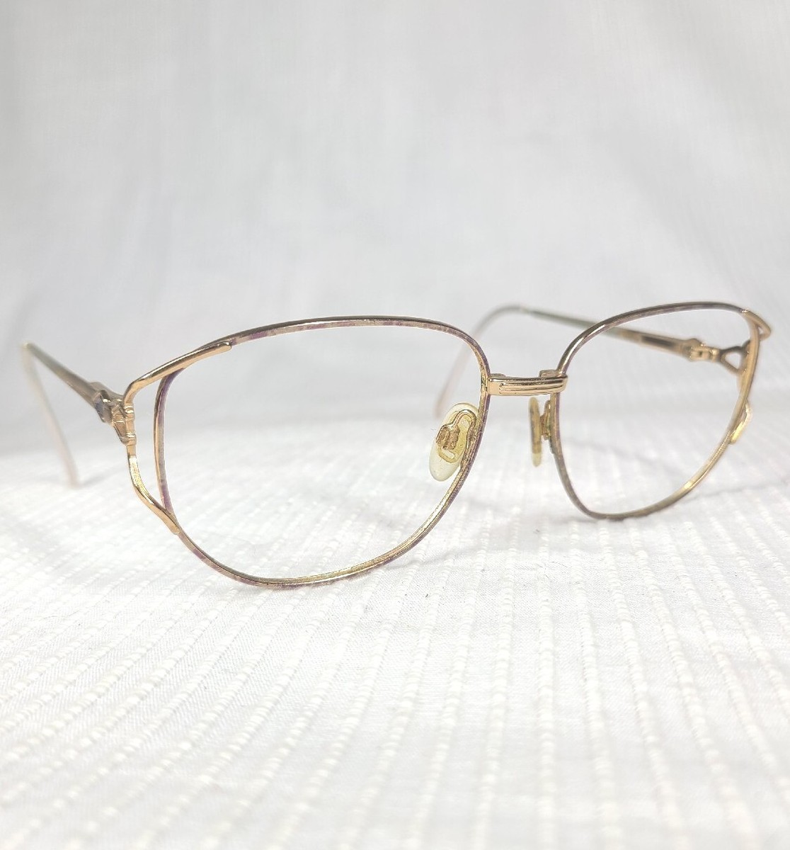 Vtg 90s Thin Gold Metal Oversize Glasses Frames Ice Lilac Enamel Detail Optical