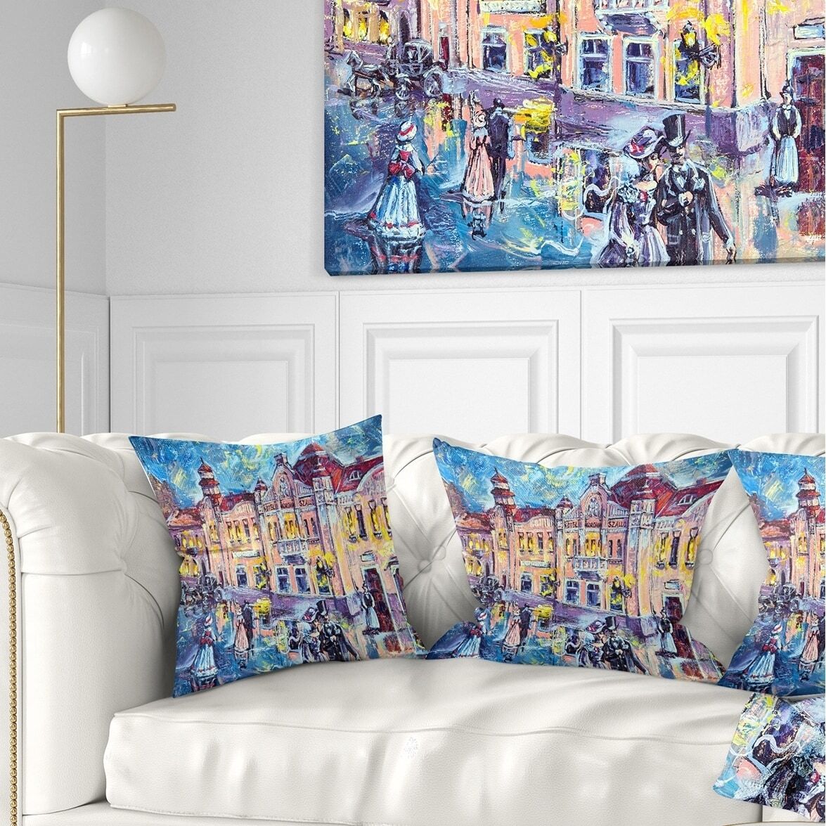 Designart 'City at Night with People' Cityscape Throw Pillow