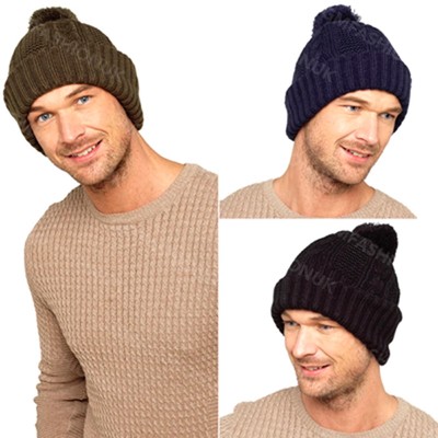 Mens Ribbed PomPom Knitted Beanie Hat 