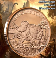 "Triceratops" Dinosaur Round 1 oz .999 Copper Round part of Dinosaur series