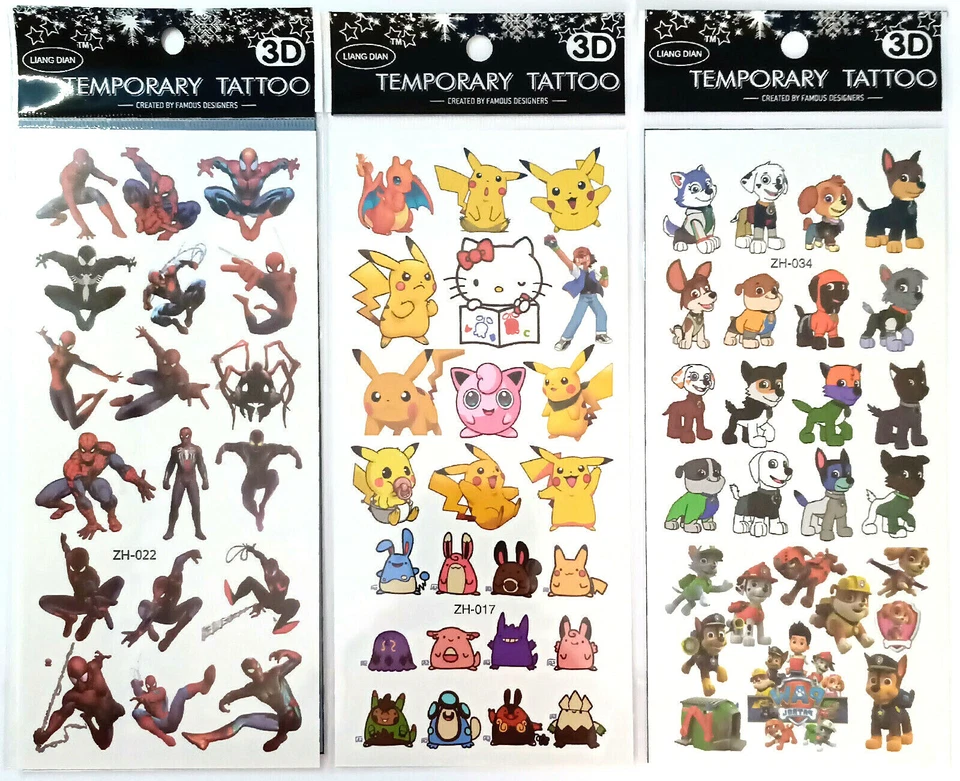 MARKENLOS 3D Einmal-Tattoos Kinder PAW Patrol Pokemon Spider-Man Die Oktonauten Groß 19cm