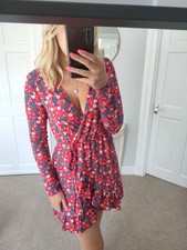 Red Blue White Green Long Sleeve Floral Summer Wrap V-neck Dress Stretchy 6 8 10