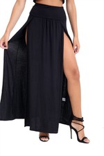Womens Double Split Maxi Skirt Ladies High Waist Side Slit Casual Long Skirts