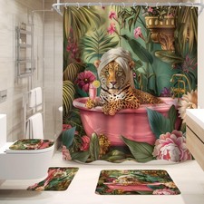 4pcs Leopard Cheetah Shower Curtain Set Hot Pink Wildlife In Bathtub Vintage...