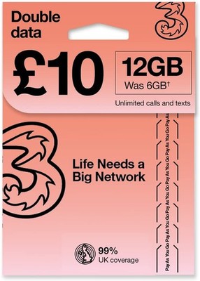 PrePaid Europe (UK THREE) sim card 12GB data+3000 minutes+3000 texts for 30... 