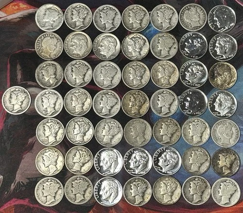 90% Mixed Silver Dime Roll of 50 -Barber, Mercury, Rosey’s (Business And Proof)