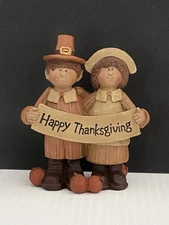 Blossom Bucket Suzi Fall Autumn Pilgrim Couple Figurine Happy Thanksgiving Flaw