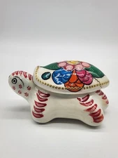 Art Pottery Mexico Turtle Covered Trinket Dish Floral