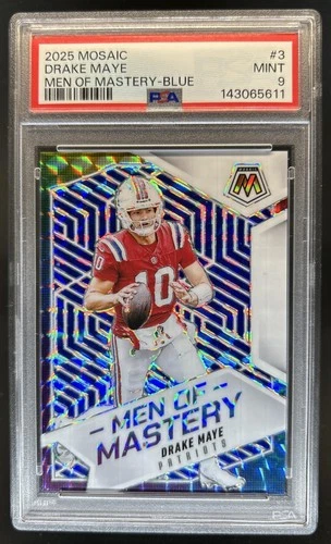 2025 Panini Mosaic Drake Maye Men of Mastery Blue Prizm #/99 Patriots PSA 9