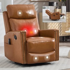 Genuine Leather Heat Massage Manual Recliner Chair with Rocker and Swivel