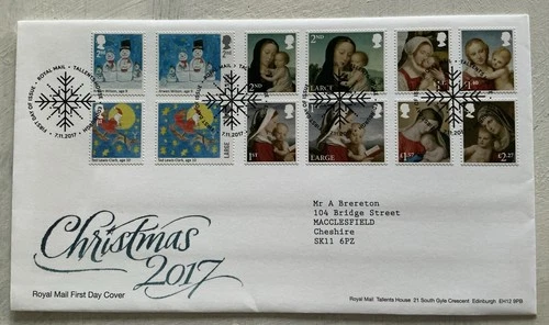 GB QEII 2017 Christmas Full Set Singles RM FDC Tallents House Snowflake SHS