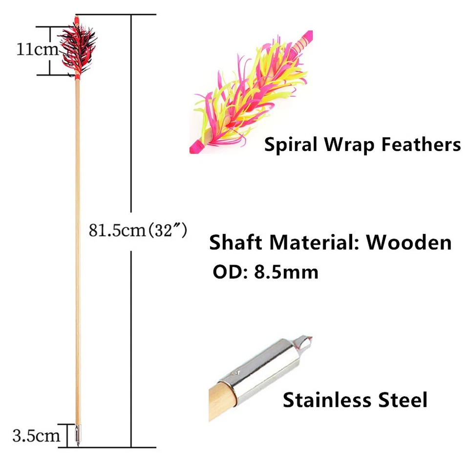 6X Wooden Arrows OD8.5mm Flu-Flu Natural Feather Spiral Wrap Archery Bow Hunting - Image 2 of 4