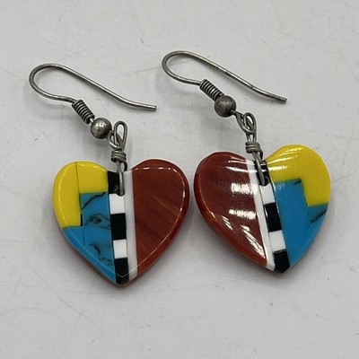 Native Heart Slabs Multi Stone Inlay Indigenous Southwest Dangle Hook Earrings