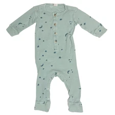 Kate Quinn Waffle Knit Button Romper Jumpsuit Size 6-12 Months Green Moon Stars
