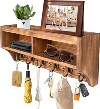 Key Holder Wall Mount - Mail Organizer Wall Mount with 6 Key Hooks and Storage B