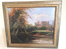 Original Oil Painting Depicting A Landscape With River, Fields, Cattle & Castle