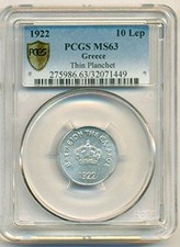 Greece 1922 10 Lepta Thin Planchet MS63 PCGS