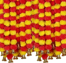 5-PC Artificial Marigold Flower Garland – 4.5 Feet Long Strands with Bells | Yel