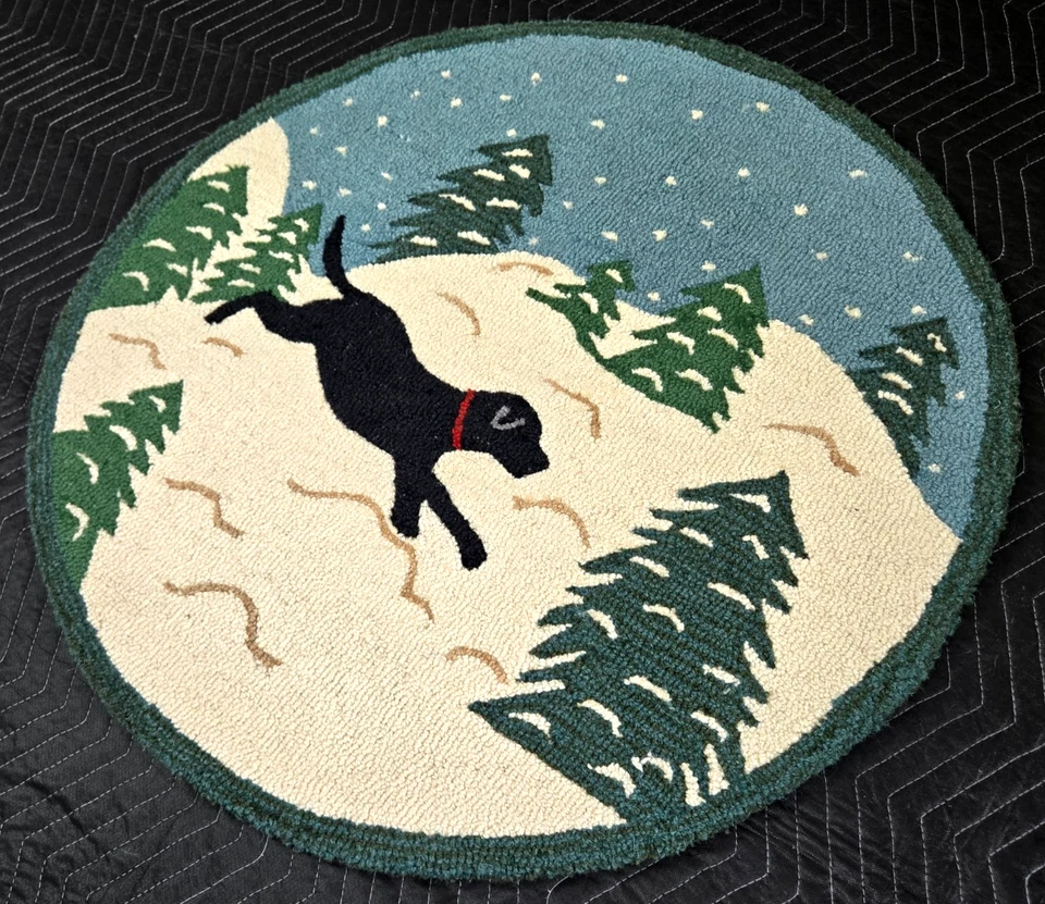 36"round Snow Black Dog hooked wool rug Chandler 4 Corners winter - Image 2 of 4