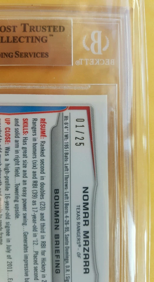 Bowman Chrome Prospects Silver Wave Refractors 2014 #BCP85 Nomar Mazara #01/25 Foto 4 de 4