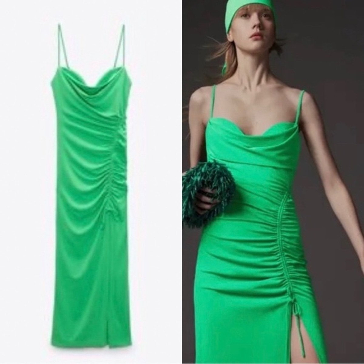 NWT ZARA Ruched Bodycon Midi Green Dress Sz M