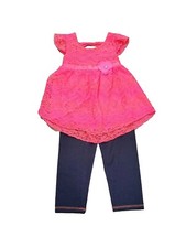 Little Lass Girls Bright Pink Lace Flutter Sleeve Top Denim Capri Leggings Set 5
