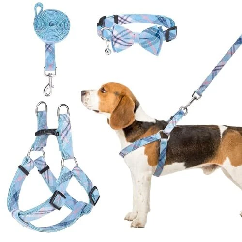 Dog Harness Collar Leash Set,Adjustable No M(Chest Girth:17.3''-23.38'') Blue