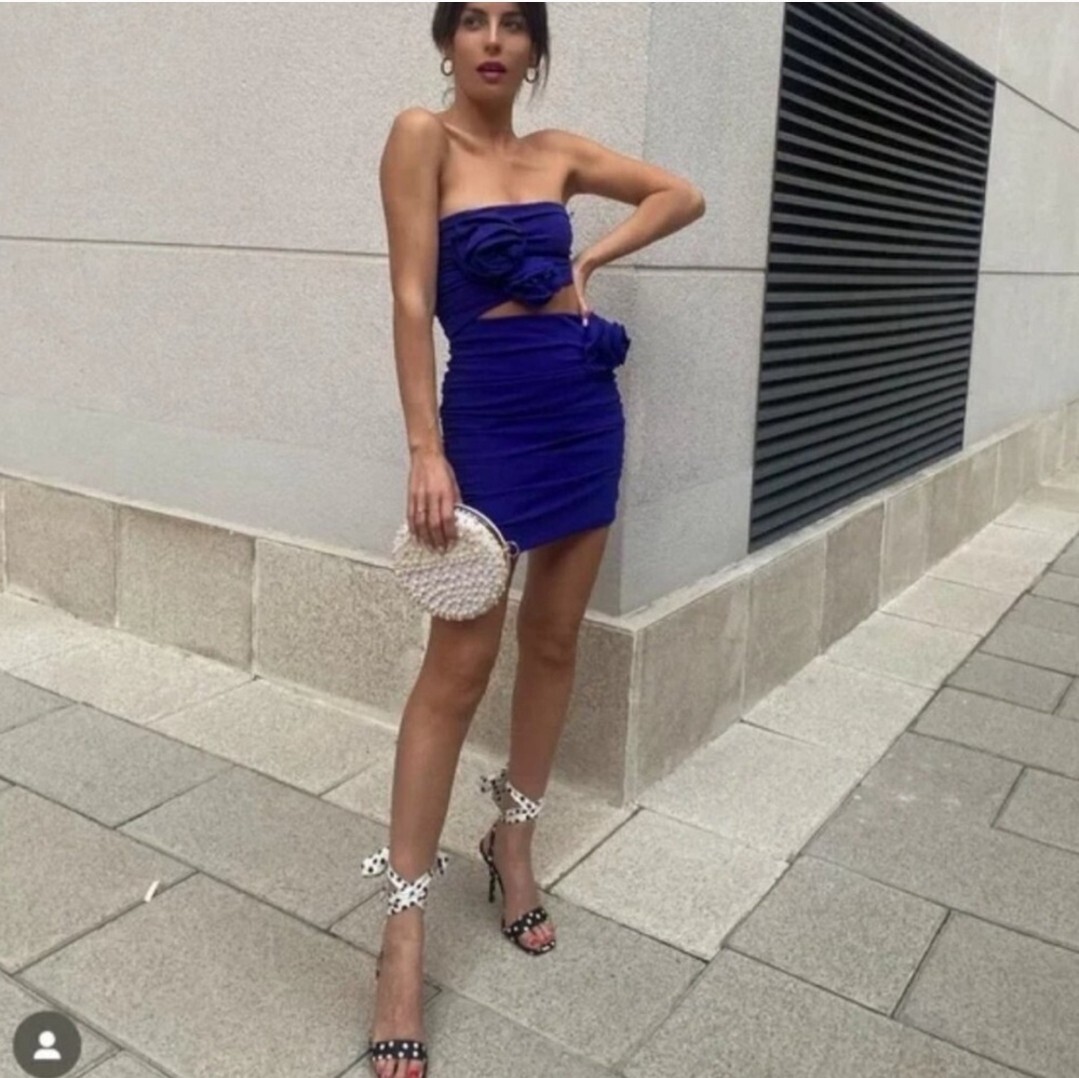 zara royal blue dress Strapless Floral Rosette Cut Out Mini Size M color:color 7