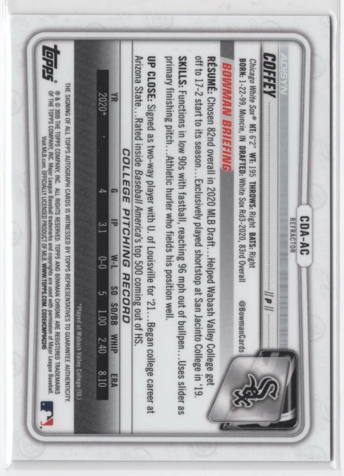 2020 Bowman Draft Chrome Autographs refractors Adisyn Coffey Auto /499 Chicago - Image 2 of 2