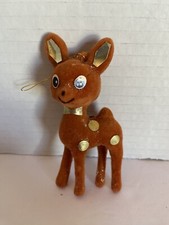 vintage brown flocked reindeer with gold sticker spots Christmas tree ornament
