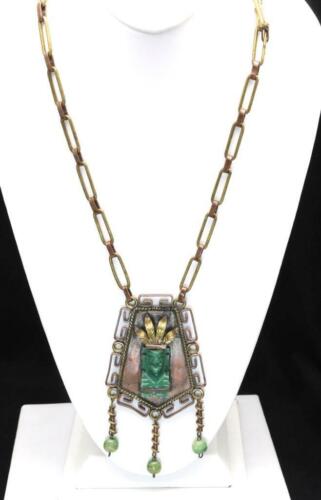 Vintage Statement Carved Malachite Mayan Aztec Warrior Necklace Copper Mexico - Picture 3 of 6