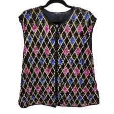 Vintage sequin 80s glam multicolor sleeveless hook and eye dressy blouse holiday