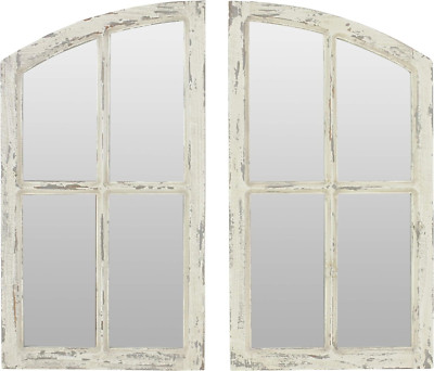 Set of 2 Jolene Arch Window Pane Mirrors Rustic Distressed Wood Easy Wall Mount