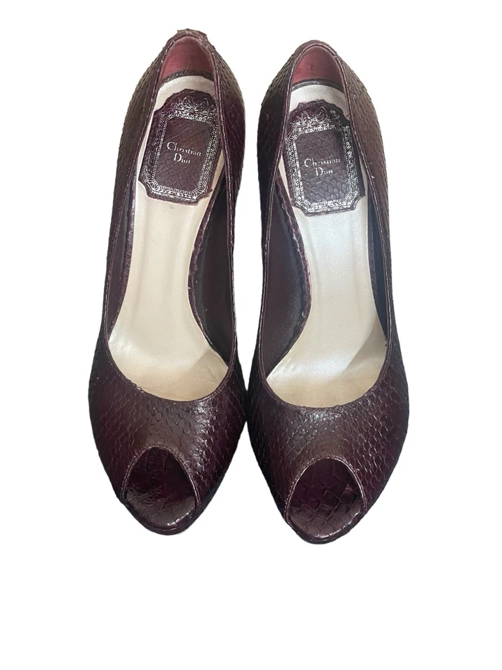 Christian Dior Python Leather Peep Toe Pumps Heels Burgundy Wine size 351/2 (5.5 - Image 4 of 4