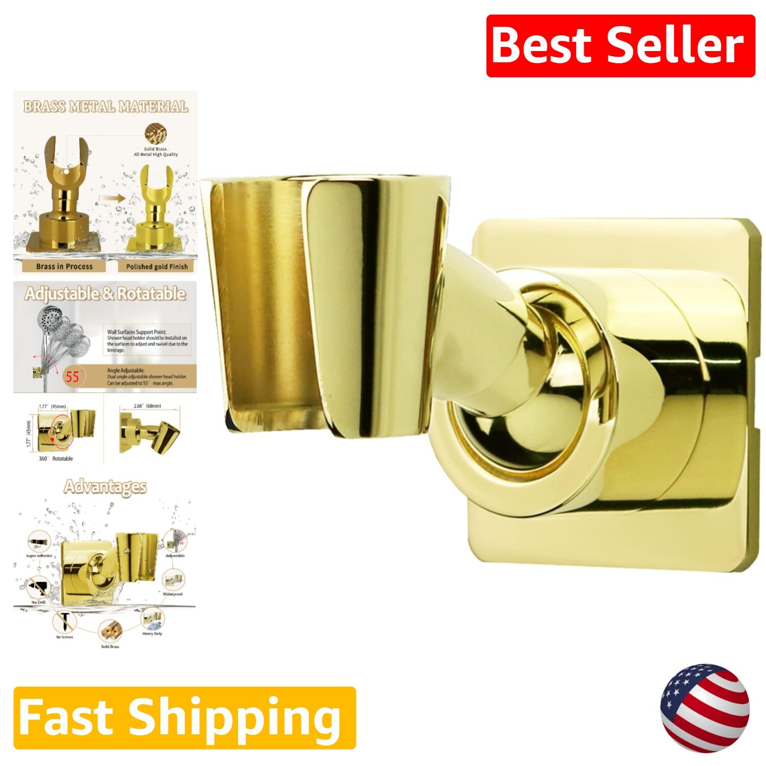 360-Degree Rotation Gold Shower Head Bracket - Sturdy Self-Adhesive Installation