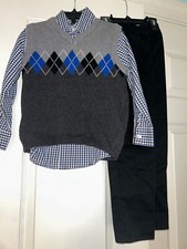 Van Heusen Boy's Dress Shirt Sweater Pants Set Blue Gray Black Check Size 5 EUC