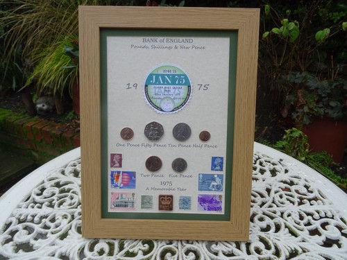 Personalised 50th Birthday, 1975, DVLA Tax disc, 6 Coin & Stamps framed set