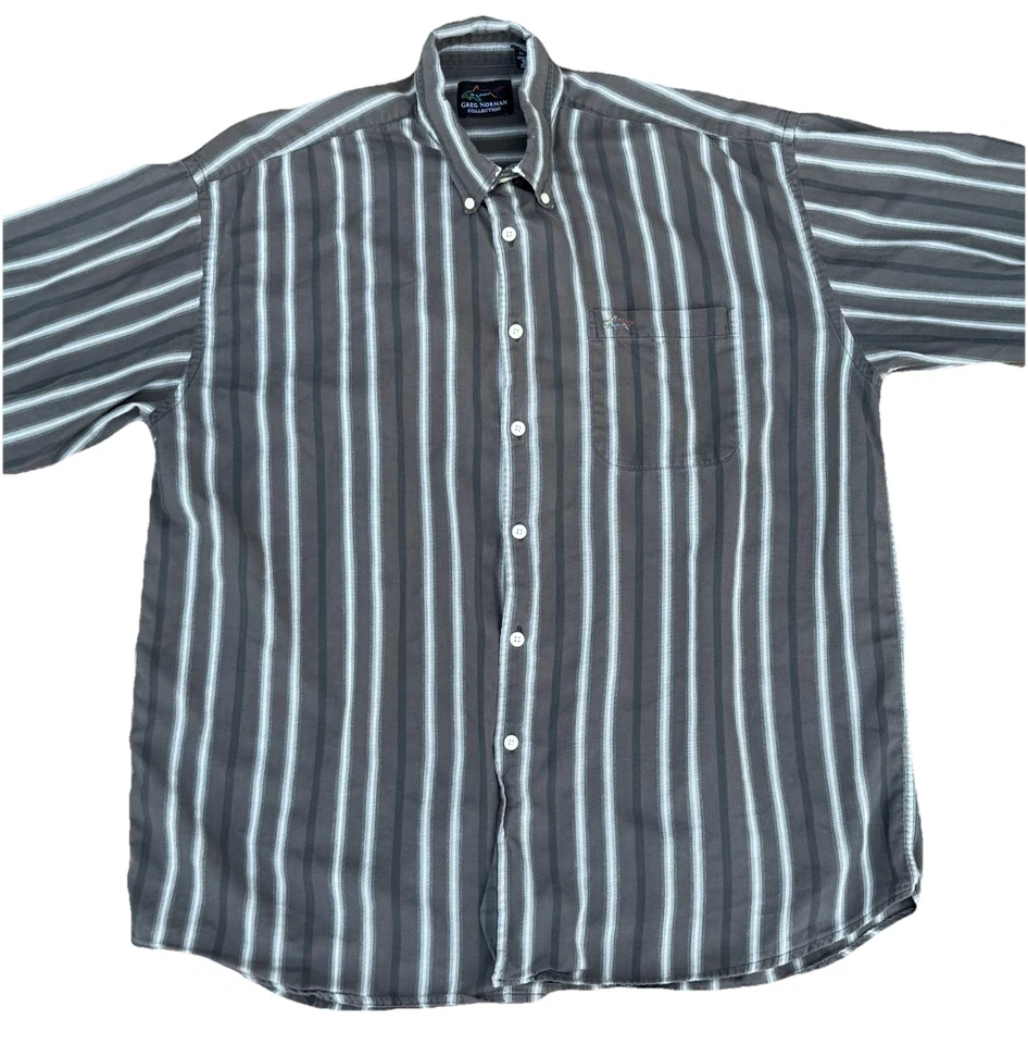 Camisa De Colección Greg Norman Abotonada Para Hombres L Marrón Negro Rayas Manga Larga Top Foto 2 de 4
