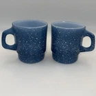 2 Vtg Anchor Hocking Fire King Blue White Speckled Coffee Cup Mug Set Lot Glass