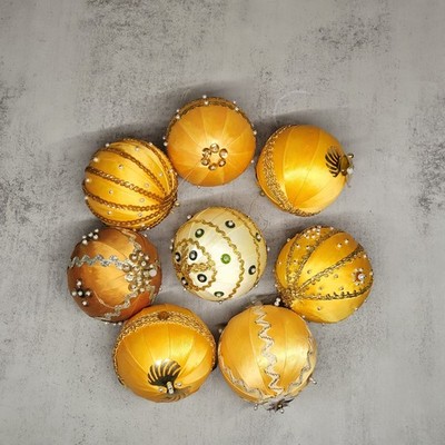 Set of 8 Handmade Beaded Fabric Christmas Ornaments Gold Yellow Off-White