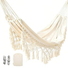 Double Macrame Boho Cotton Hammock Beige Hanging Rope Outdoor Indoor Swing Bed