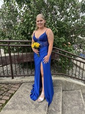 Prom Blue by Atlas Bridal, Blue Lace Satin Long Gown with Side Slit, V-Neck