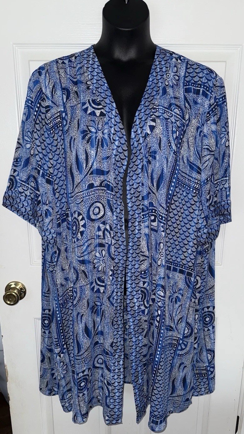 Catherines Plus Sz 3X 26/28W Blue Alfresco S/S Open Long Wrap Duster EUC