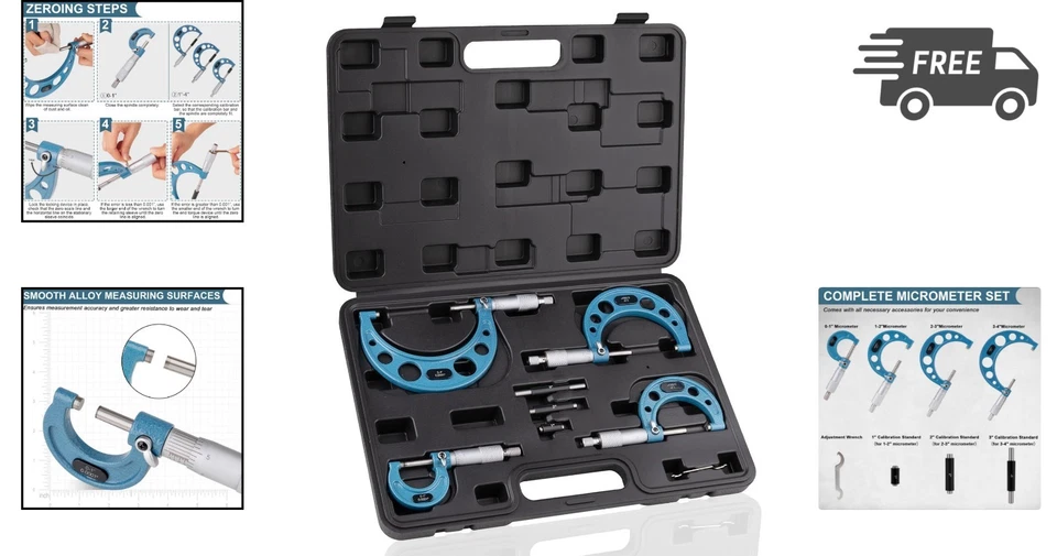 Micrometer Set 4pcs Outside Measuring Tools 0-4 Home DIY Machinist - Image 2 of 4