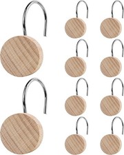 12-Piece Round Wood Shower Curtain Hooks, Silver Metal Modern Decorative Shower